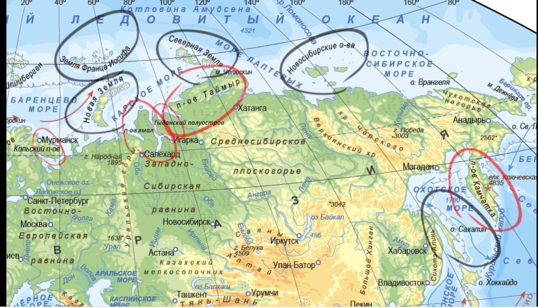 Карта России с островами и полуостровами и морями