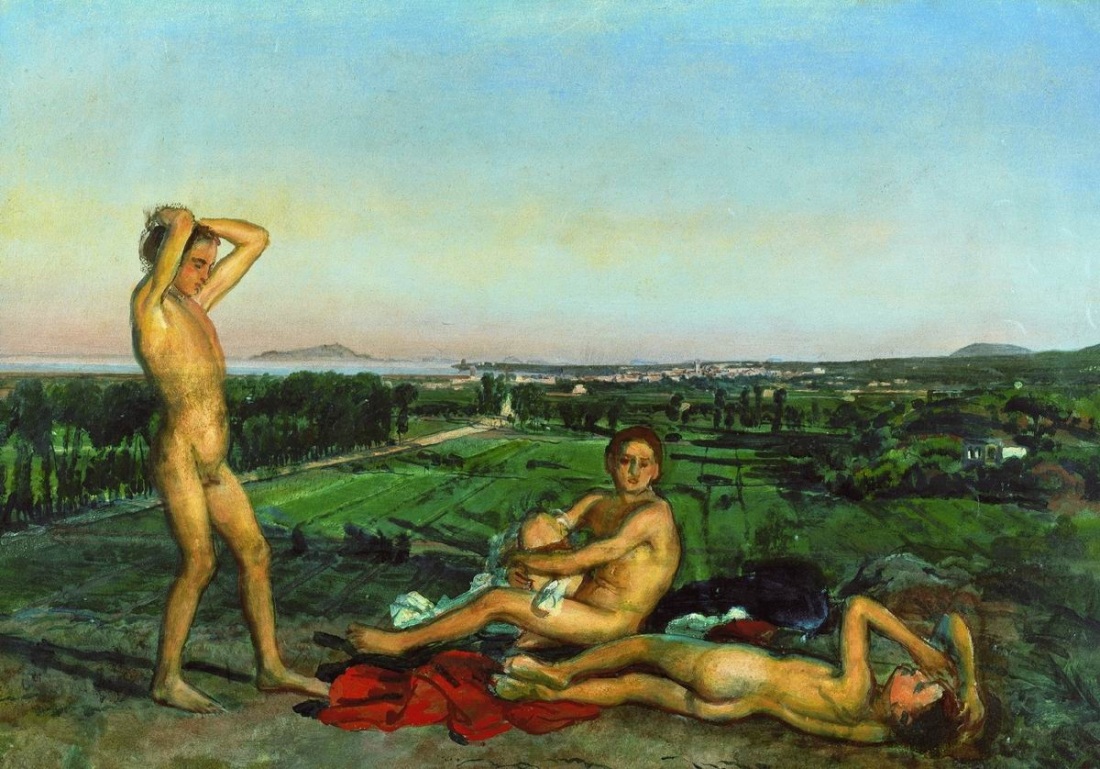 Мальчики купаются в реке